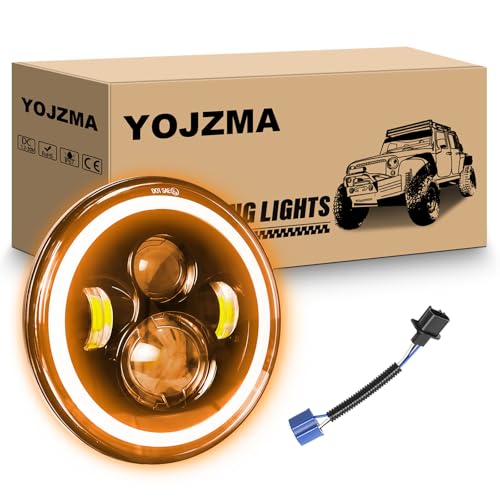 YOJZMA 1 phare LED rond de 7 pouces, 4 phares de moto à LED, feux de route/croisement blancs, halo ambré, clignotants, yeux d'angle, lumière pour Wrangler JK TJ LJ CJ moto Davidson