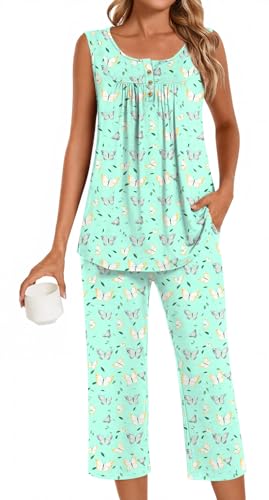 Image of Bestbee Women's Sleeveless Pajama Sets 2 Piece Sleepwear Summer Lounge Outfits Henley Tanks Capri Pants Ladies Pjs