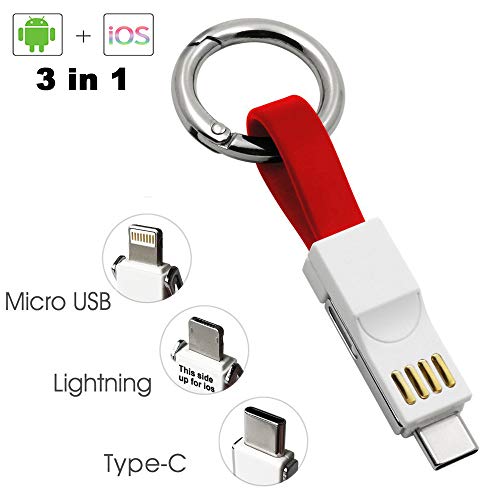 SAMEIRO Multi Charging Cable Portable Keychain Charger Cables Short Small Charging Cord Type C Micro USB 8P 3 in 1 Fast Data Cable Compatible iOS Android All Smart Phones and Smart Device (RED)
