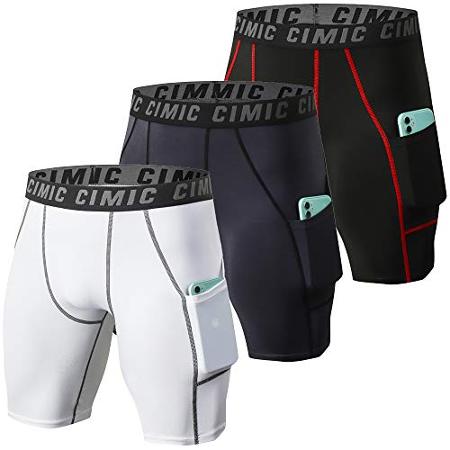 Men's 3 Pack Compression Shorts with Pockets Workout Baselayer Underwear For Running,Athletic,Gym.(0830-Black-Grey-White-M)