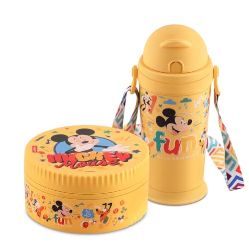 Image of JAYPEE First Step Inner Stainless Steel Insulated Lunch Box Meal and Sip Combo for School Kids Water Bottle Sipper & Disney Princess School Kids Tiffin Box 375 & 270 ml Water Bottle, Yellow