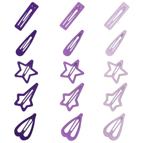 Frutain 15 PCS Purple Snap Hair Clips for Women - No Slip Metal Barrettes Cute Geometric Pattern Hairpins with 5 Shapes (Star Heart Water Drop Rectangular Meteor)