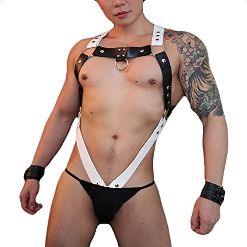 Arnés para hombre Punk ajustable de piel sintética cuerpo pecho arnés cinturón club con hebillas de lujo anillos para hombres, Negro 32, Talla única