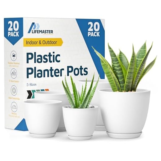 Lifemaster Eco Friendly Plant Pot Set -20-Pack Home Decor Flower Indoor and Outdoor Plastic Pots with Drainage Holes, Assorted Sizes (7", 6.6", 6", 5.3", 4.8") - Stackable Garden Versatile Planters