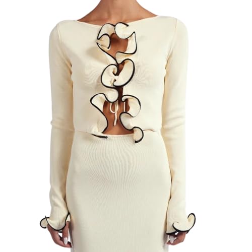 Women Elegant Tie Front Ruffle Knit Crop Cardigan Long Sleeve Open Front Contrast Trim Crop Cardigan Sweater