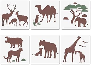 African Wild Safari Animals Stencils - 6 Pcs Giraffe Tiger Rhino Camel Ostrich Template for Painting on Wood Card Making DIY Projects 13x13cm