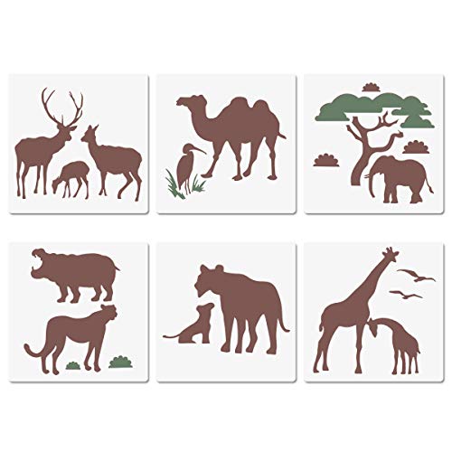 CODOHI Stencil Animali Selvatici Africani - 6 Pezzi Giraffa Tigre Rinoceronte Cammello Struzzo Modello per Dipingere su Carta di Legno Progetti Fai da Te 13x13cm