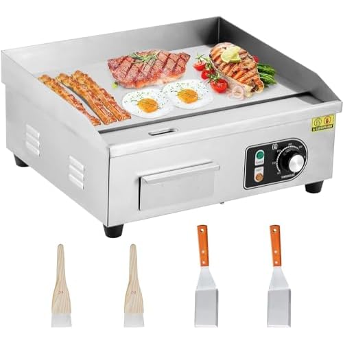 silver 18 in Electric Griddle, Commercial Electric Grill, Electric Countertop Grill Non-Stick Electric Grill Plate(With Plug), Adjustable Temperature
