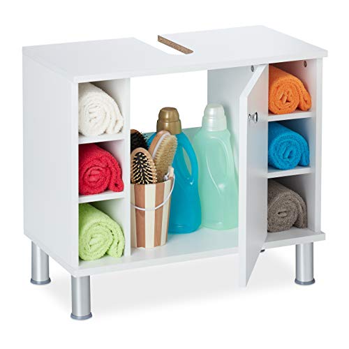 Preisvergleich Produktbild Relaxdays Waschbeckenunterschrank, eintürig, 7 Fächer, Siphon-Ausschnitt, MDF Badezimmerschrank, HBT 53,5x60x32 cm, weiß