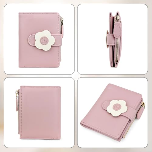 Small Wallets for Woman, Flowers Print Cute Wallet Fashion Bifold Leather Wallet with ID Window and Zipper Pocket (Pink)4