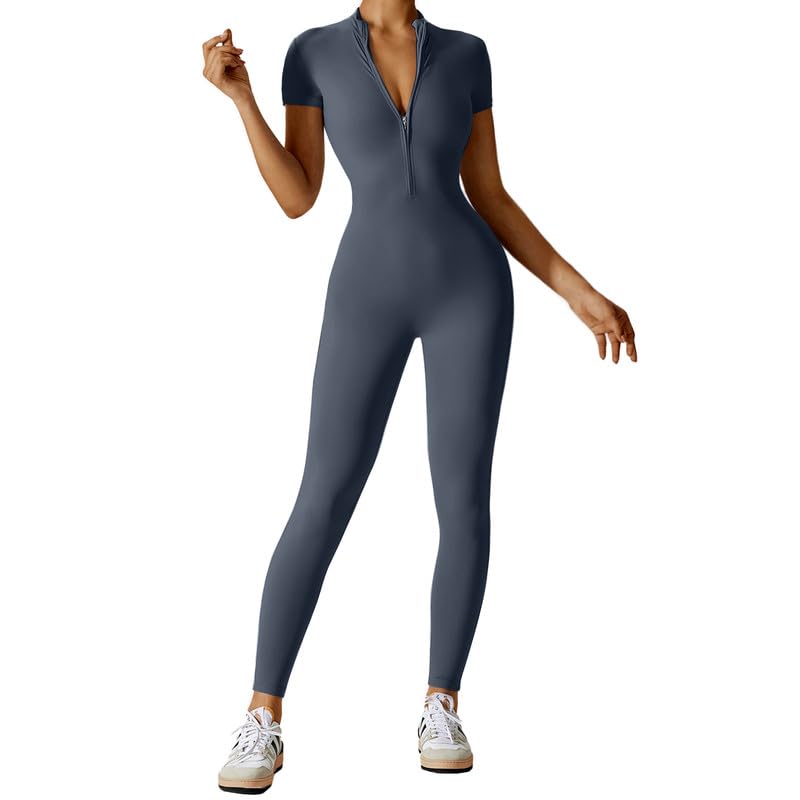 Litthing Mono de Yoga Mujer Mono Deportivo Mujer Largo con Cremallera Mangas Cortas Traje Una Pieza Jumpsuit Sexy Elásticos Monos de Gimnasio Entrenamiento Fitness Running