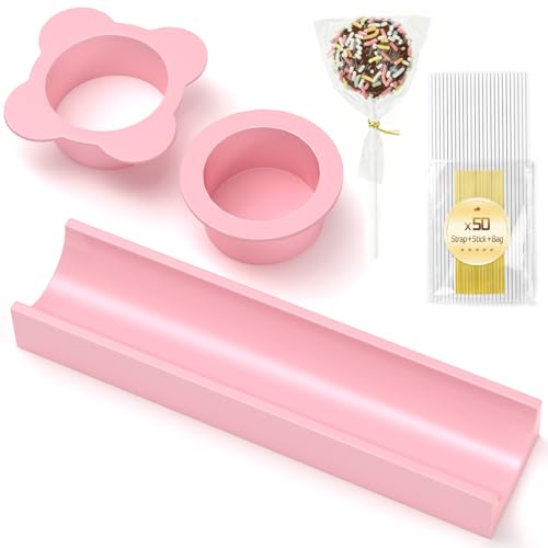 MOOROL Round Cake Pop Mold Set with 50PCS Sticks Bags Ties 1.75 Inch Cake Pop Cutter and Pusher Dishwasher Safe Baking Molds for Birthday Wedding Kids Party Desserts-Pink