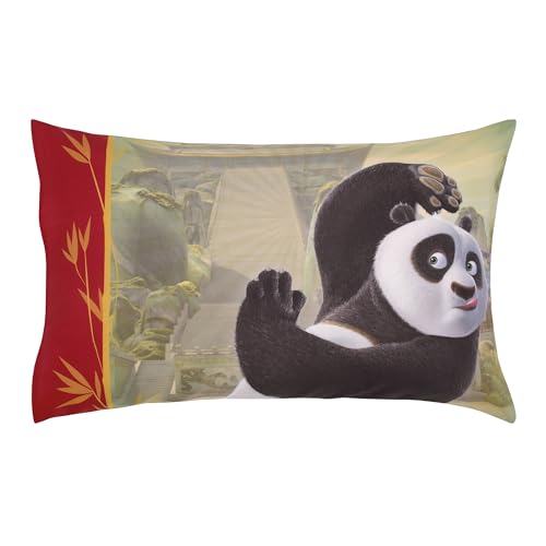 Image of DreamWorks Kung Fu Panda Dragon Warrior Red and Gold Po and Friends 4 Piece Toddler Bed Set - Comforter, Fitted Bottom Sheet, Flat Top Sheet, and Reversible Pillowcase