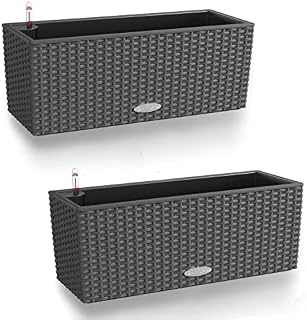 Lechuza BALCONERA Cottage 80 Self Watering Planter Indoor/Outdoor Flower Rattan Look Plant Pot Table and Window Box with Drainage Hole and Plant Substrate Poly-Resin H19 L80 W19 cm Granite