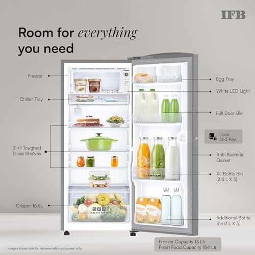 Image of IFB 197L 5 Star Advanced Inverter Direct-Cool Single Door Refrigerator with 30 Hrs Cooling Retention, XL Bottle Bin, Big Vegetable Box & 4 Year Super Warranty (2026, IFBDC-223EYBSE, Brush Grey)