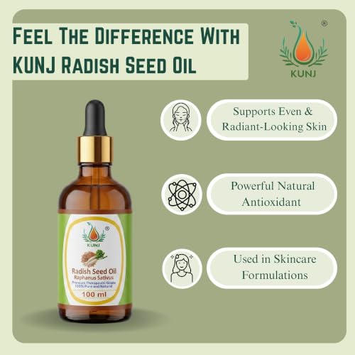 Image of KUNJ Radish Seed Oil 100ml - 100% Pure & Natural Cold Pressed Undiluted Carrier Oil for Hair, Scalp, Skin & Face Care | Lightweight Nourishing Oil for Smooth Hair & Healthy-Looking Skin