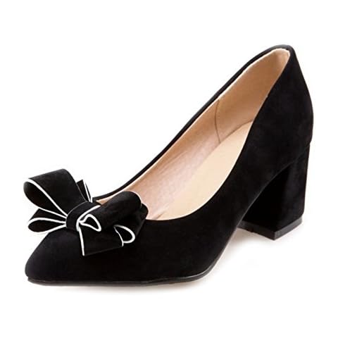 SJJH Chunky Heel Court Shoes with Large Size and Cute Bowtie Women Shoes with Suede Materail Black Cover