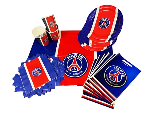 Paris Saint Germain - Kit de fiesta (39 piezas, 6 platos, 6 vasos, 20 toallas, 6 bolsas, 1 mantel – Colección oficial Paris Saint Germain