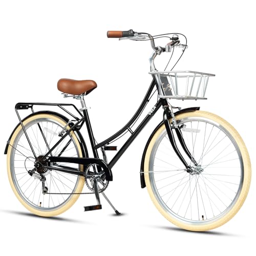 AVASTA 26 Inch Hybrid Bike, Lightweight Step-Through Hi-Ten Steel Frame for City Commuting, 6 Speed Comfort Bicycle with Metal Basket in Elegant Black with Stylish Beige Tires for Woman Female