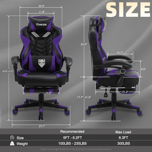 Vonesse-Gaming-Chair-for-AdultsComputer-Chair-with-High-BackBig-and-Tall-Gaming-Chairs-with-Footrest-and-MassageReclining-Gamer-ChairPurpleBlack Vonesse Gaming Chair for AdultsComputer Chair with High BackBig and Tall Gaming Chairs with Footrest and MassageReclining Gamer ChairPurpleBlack