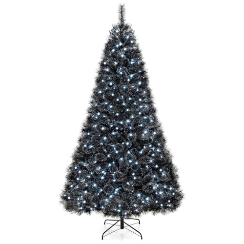 Goplus 8ft Pre-Lit Black Christmas Tree, Artificial Halloween Tree, Hinged Xmas Full Tree with 860 Pine Needles & PVC Branch Tips, 450 Cool White LED Lights, Metal Stand, Home Office Decoration