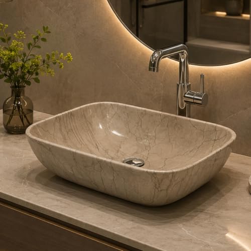 Image of Ceramic Tabletop Wash Basin - Glossy Rectangular Countertop Vessel Sink with Marble Finish for Bathroom & Vanity | Compact 18 x 13 x 5 Inch | Elegant Washbasin