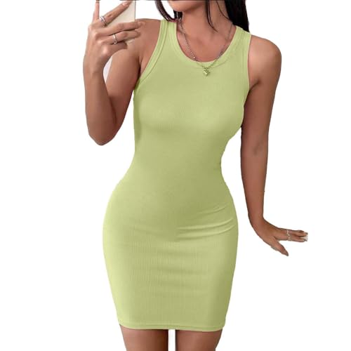 Image of Solid Sleeveless Round Neck Ribbed Western Bodycon Dress For Women