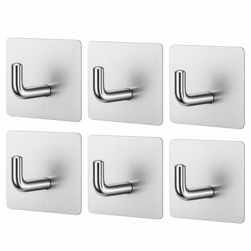 JIALTO 6 Pcs Self Adhesive Hooks/Wall hangings Hook/Waterproof Stainless Steel Hooks for Wall Without Drilling Heavy Duty Bathroom Kitchen Towel Wall Hooks (J Hook Silver)