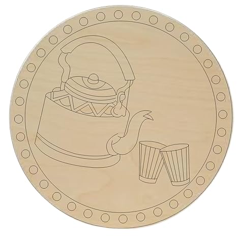 Jadon Enterprise Pre Marked Rajasthani Tea Kettle with Glasses Design Round MDF Board Laser Cutout Base Painting Board Art & Craft Home Decoration 10 x 10 Inch Pack of 1-image-10