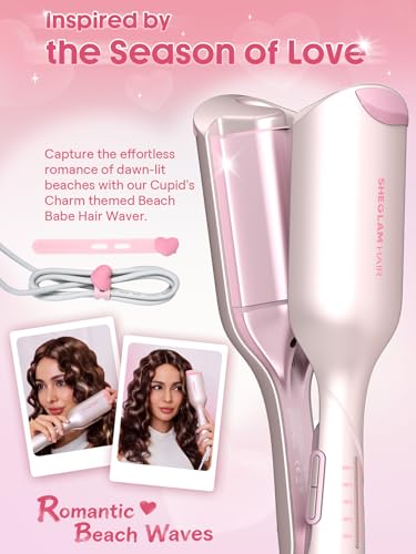 Image of SHEGLAM Pink 1 Inch Hair Waver for Women - Double Barrel Crimper Tool for Mermaid Beach Waves, Lightweight with Smart Timer & Adjustable Temps, Dual Voltage Anti-Scald Easy to Use for Short Hair