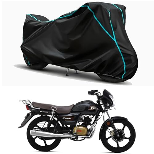 Image of Waterproof Bike Body Cover Compatible for | TVS Radeon Drum | Taffeta Fabric, Sky Piping Design, Bottom Elastic Fit | Dustproof, Sun UV & Rain Protection for All Weather.