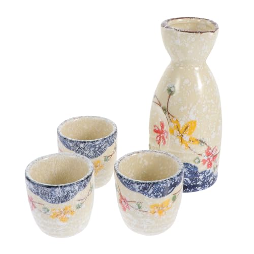 Milisten Juego de Sake Japonés Cerámica Esmaltada 1 Jarra y 3 Copas Pintadas a Mano, Dispensador de Vino para Hogar y Restaurantes, Juego de Vajilla Tradicional para Servir Sake