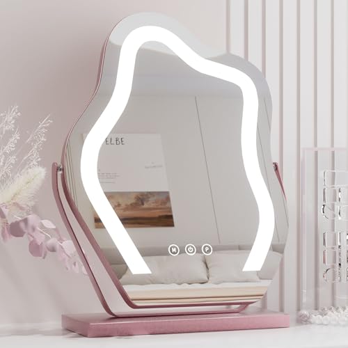 Odernirror Makeup Mirror with Lights - 17″ Cloud Shaped Smart Touch 3-Color Dimmable 360° Rotation Memory Metal Frame Plug-in AC Power Tabletop Vanity Mirror Gift for Women Teen Girls Rosegold