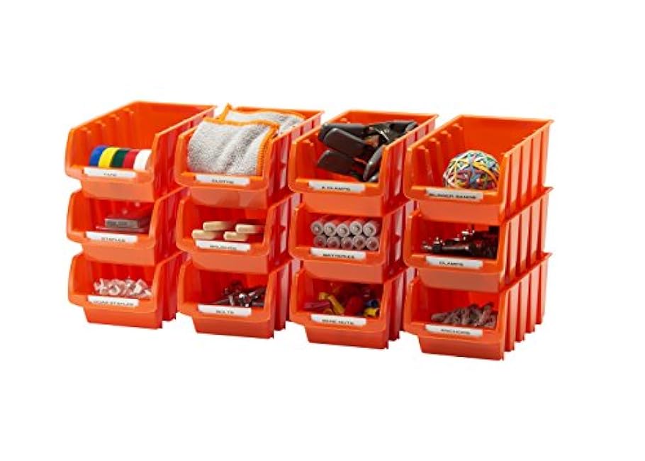 TRINITY Small Bin Pack with Interlocking Rails and Labels, Stackable or Wall Mountable, 2 Lb Weight Capacity, 6.5 x 4.1 x 3, Orange, 12 Pack