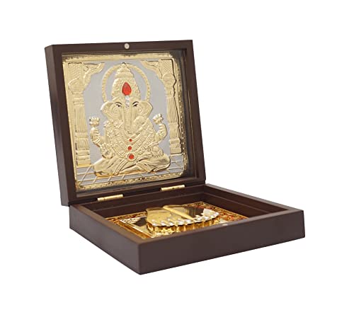 Image of Idolkart 24k Gold and 999 Silver Coated Ganeshji Divine Boxes | Photo with Charan Paduka for Pooja Room | Gift Box (4x4 Inch)