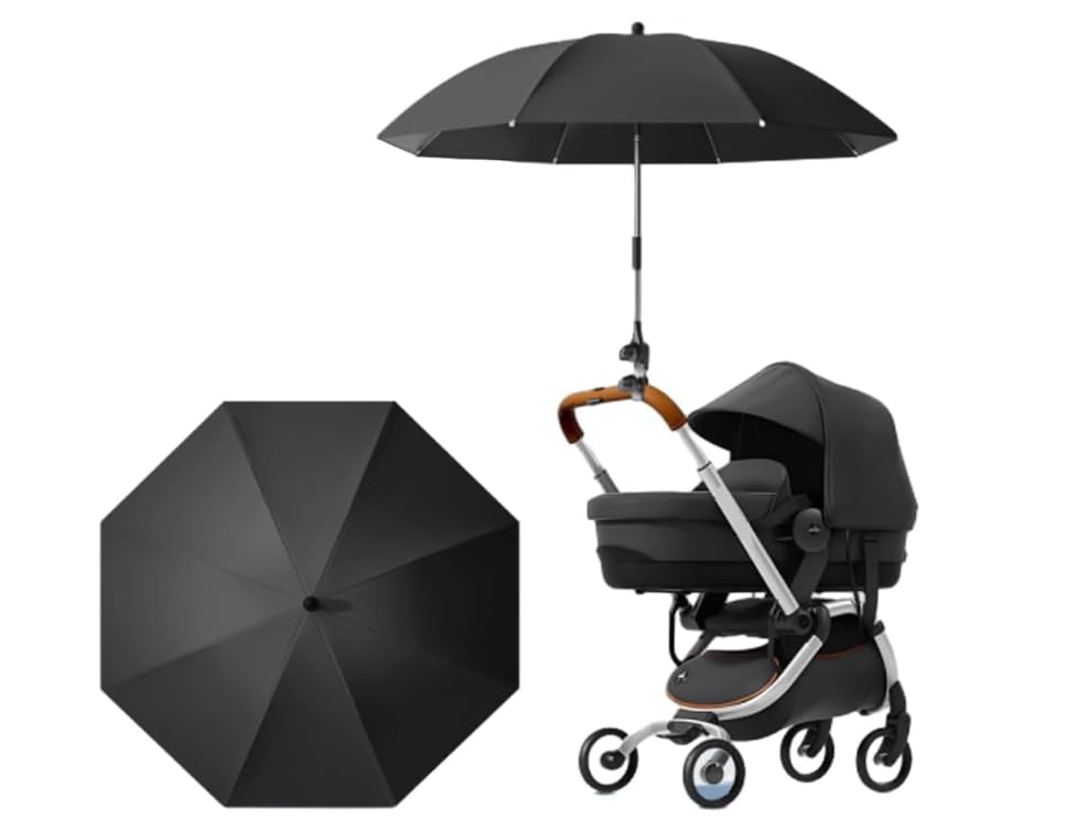 Universal UV Parasol Sun Canopy for Pushchairs and Buggy New Clip on Stroller Umbrella Baby Buggy Sun Parasol with Adjustable Fixing Clamp (Black)