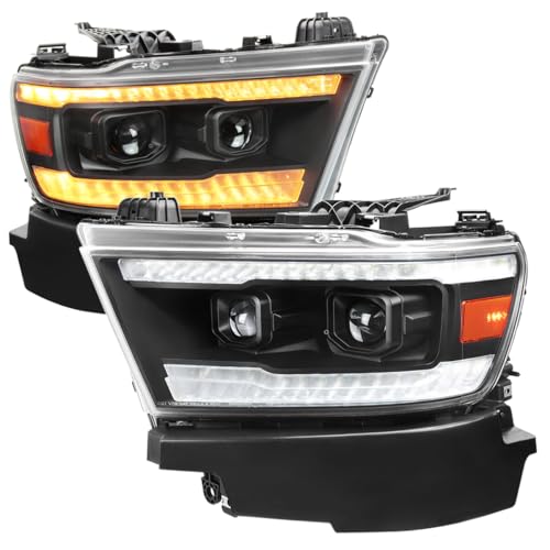 SPEC-D TUNING Black Projector Headlights w/Sequential LED Tube Signal and Startup Animation Compatible with 2019-2024 Ram 1500, Left + Right Pair Headlamps Assembly