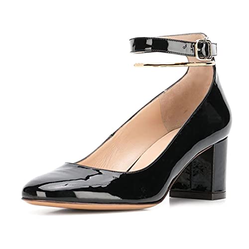 YDN Women Round Toe Block Mid Heel Pumps Solid Adjustable Ankle Strap Shoes for Office Lady Daily Dress Size 4-15 US