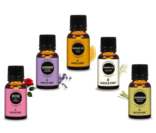 Image of Earth N Pure Lavender Oil, Lemongrass Oil, Jasmine Oil, Rose Oil and Orange Oil Pack of 5 - 15 ml each
