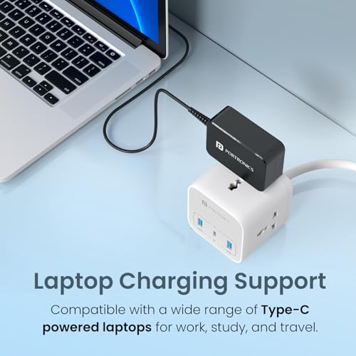 Image of Portronics 90W Zion 90 PD Fast Charging Laptop Adaptor with in Built Type C Cable, PPS Technology, 1.5m Cable Length, Compatible with Laptops, Smartphones, Tablets, MacBooks, iPads (Black)