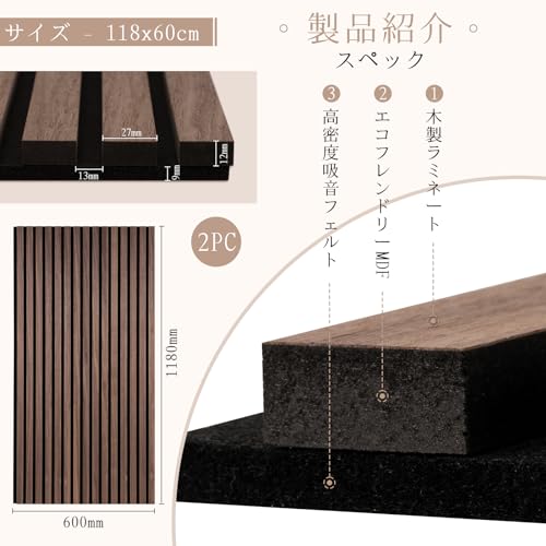 Walspax ウッドパネル 吸音ボード 118x60.5cm 2PC の商品画像 2