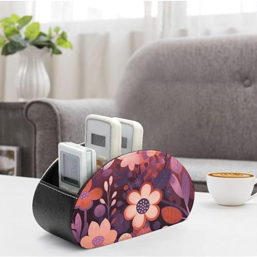 Support de télécommande motif floral violet foncé 5 compartiments en cuir