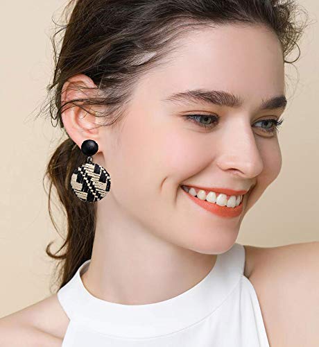 KaFu Woven Rattan Earrings Handmade Wicker Earrings Straw Knit Hoop Lightweight Bohemian Dangle Hoop Earrings Drop Dangle Geometric Statement Earrings for Women (black)2