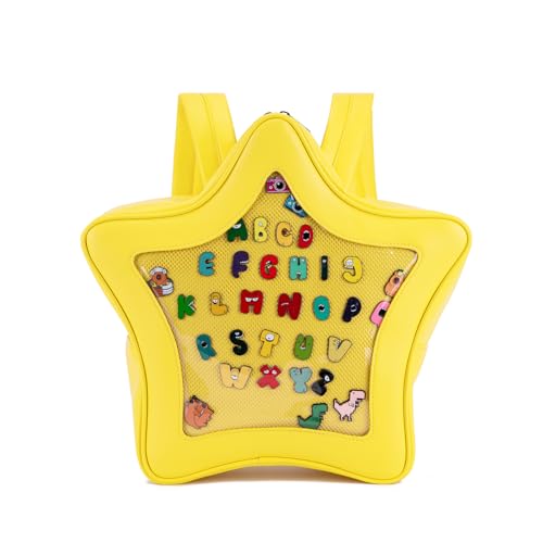 Image of Yellow Star-Shaped Kawaii Ita Backpack, Ita Bag for Women Girls, Y2K Cute Aesthetic, Pin Bag for Anime PU Leather
