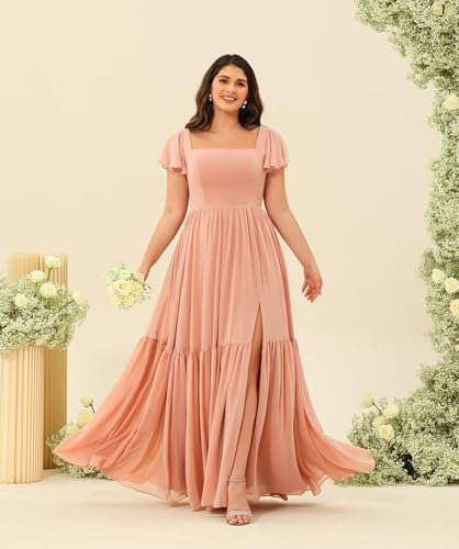 YOFF Square Neck Bridesmaid Dresses with Slit Flutter Sleeves Chiffon Long Maxi Formal Party Dresses with Pockets YO1514