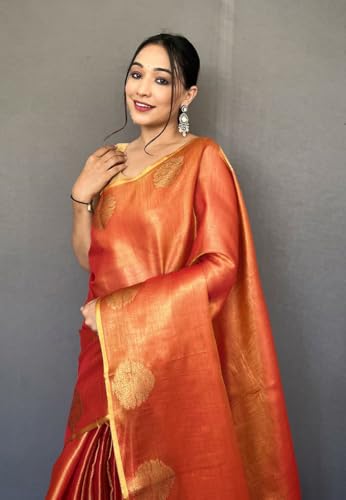 Image of SWORNOF Gold-Toned Woven Design Silk Zari Tissue Saree | Saree for Women | Soft and Skin Friendly