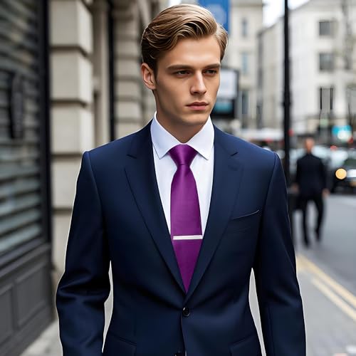 Image of YourTies Skinny Ties for Men Satin 2.4 inch Slim Necktie with Pocket Square Tie Clip Set Solid Color Wedding Party Business