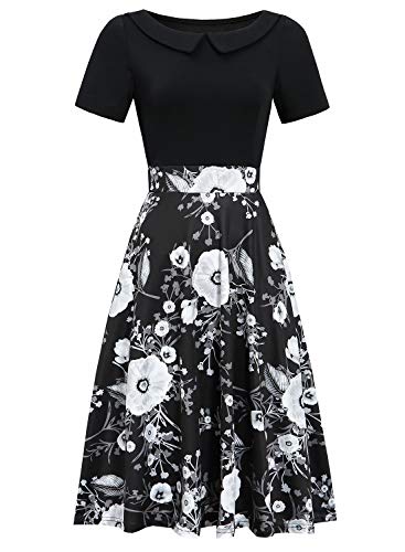 Image of Women's Elegant Vintage Dresses Knee Length Casual Floral Print Work Party Peter Pan Collar A-Line Dress with Pockets 978