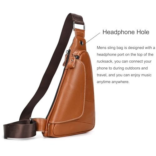Men's Genuine Leather Sling Bag Chest Shoulder Backpack Crossbody Bag for Casual Sports Hiking Running Travel (Brown)3