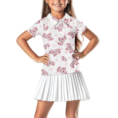Gzzxiailg Pink Axolotl Girls and Boys Golf Polo Shirts Moisture Wicking Golf Shirts Performance Sport Polo Shirts with Button Sun Protection Golf Tennis T-Shirts